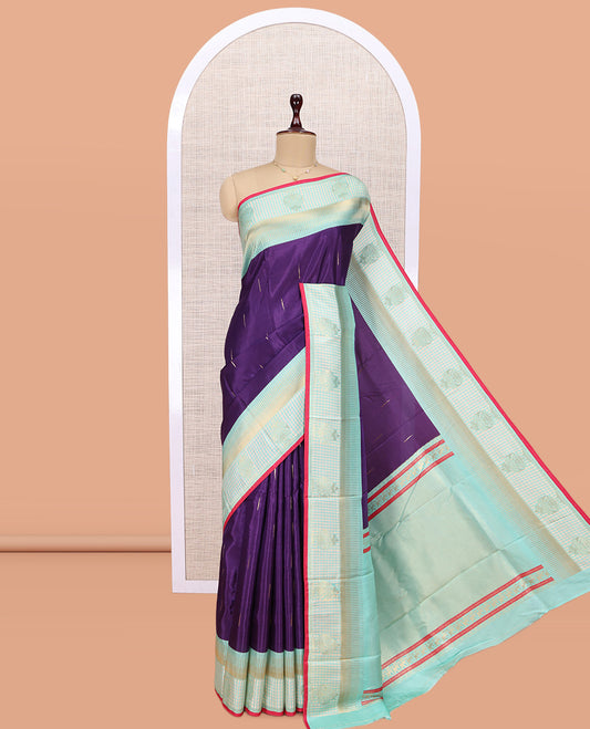 Dark Purple Raindrop Butta Semi-Mysore Silk Saree