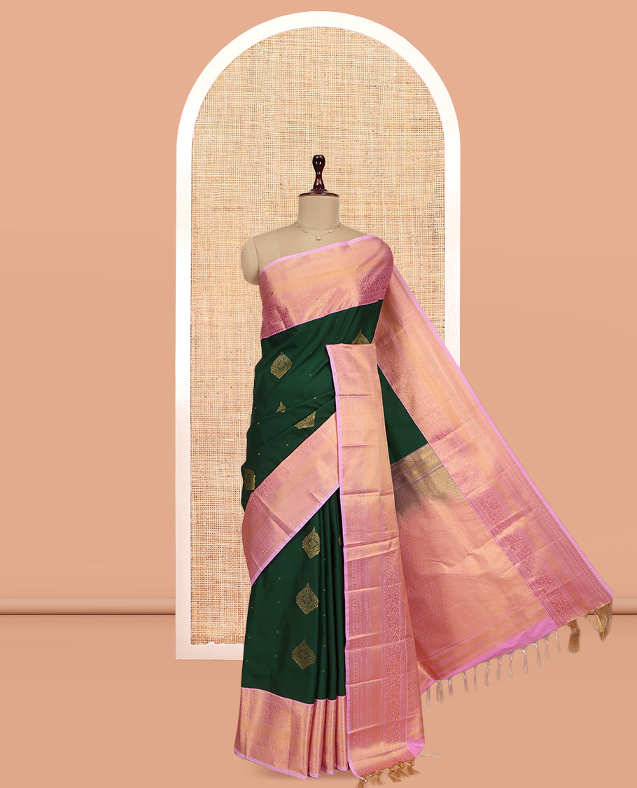 Green-Pink Zari Buttas Budget Silk Saree, Contrast Traditional Zari Border, Grand Pallu, a Contrast Blouse