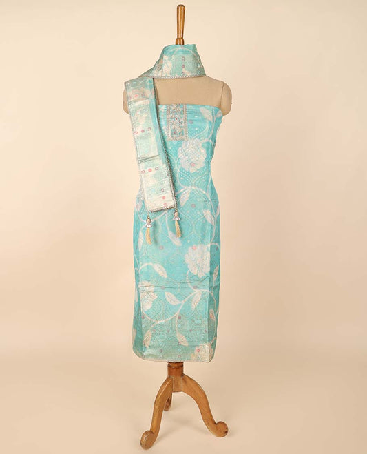 Turquoise material chudidhar set, floral print & embroidered top, plain bottom & floral print dupatta