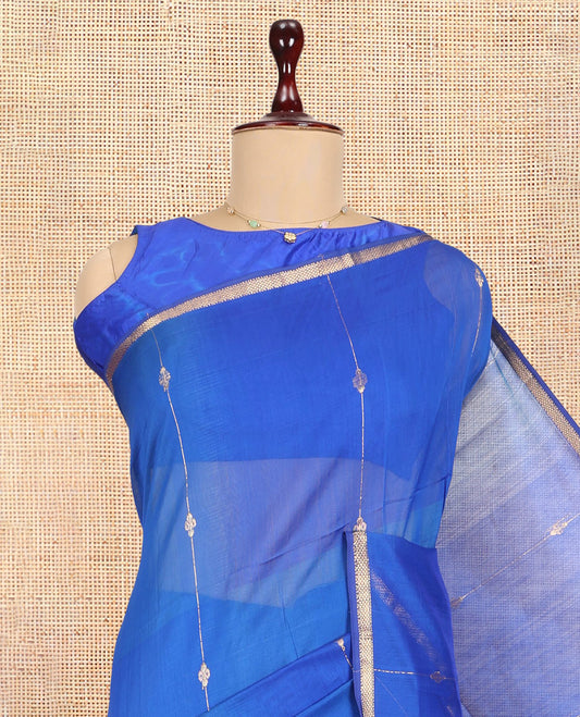 M.s Blue Maheshwari Cotton Saree, Accentuated with Zari Stripes, a Piping Zari Border, Gleaming Zari Pallu, and a Matching Blouse