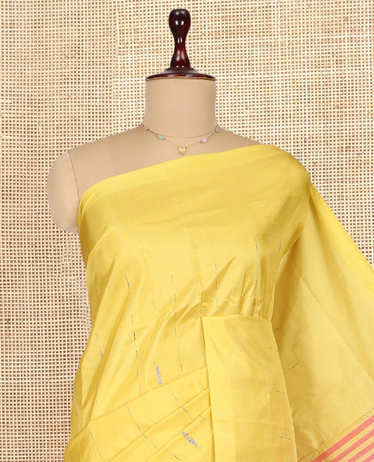 Borderless Yellow Banana Pith Saree, Woven with Buttas, a Contrast Pallu of Stripes, and a Contrast Blouse