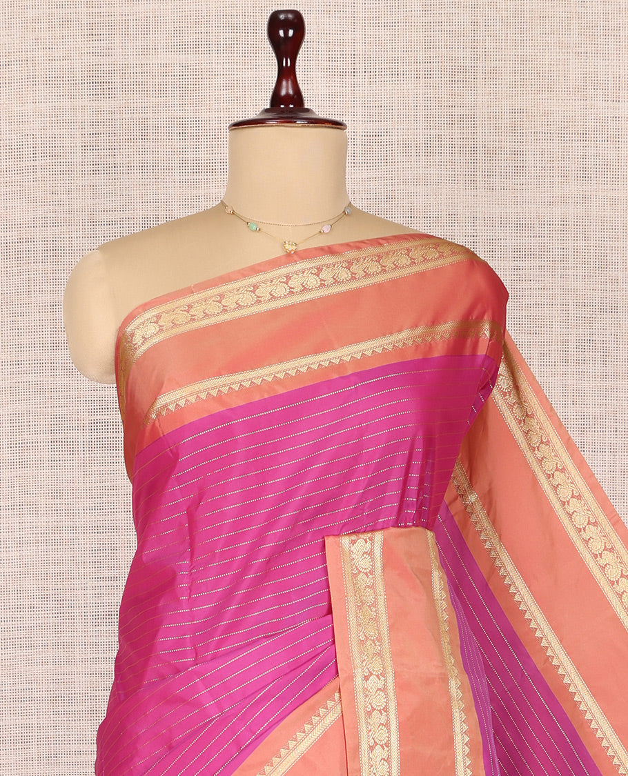 Pink Zari Striped Arani Saree, Mesmerized with Zari Stripes, a Contrast Rettai Pettu Traditional Border, Pallu of Zari Stripes, and a Matching Blouse