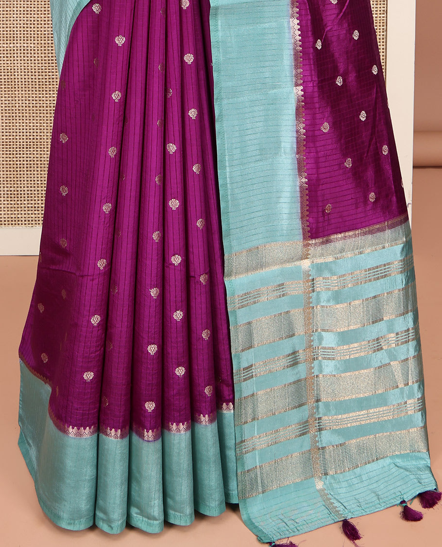 Purple Semi-Banaras Dupion Saree, Gleamed Up with Checks and Buttas, Complemented by Contrast Border, Zari Striped Pallu, and a Contrast Blouse
