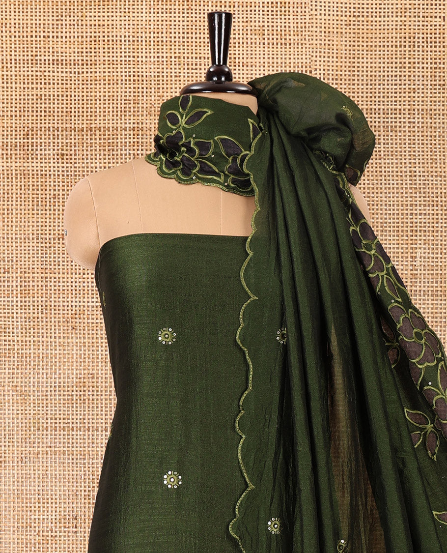 Green material chudidar set, sequins work with floral Aplic embroidered Vichitra silk top, matching bottom, and an embroidered dupatta