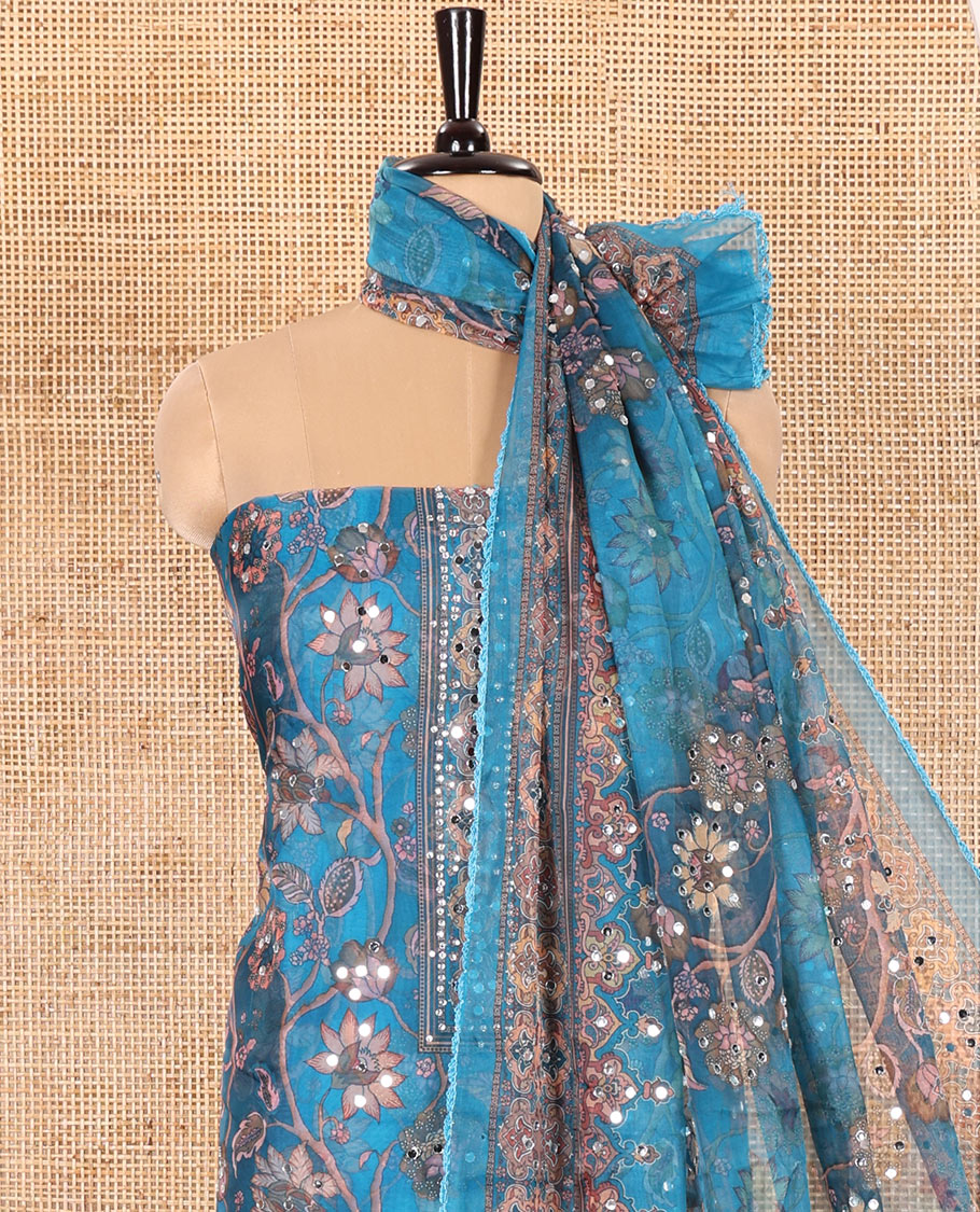 Blue Material Chudidar Set Embellished with Floral Vine with Mirror Work Organza Top, Subtly Made Plain Santoon Bottom, and Organza Dupatta Featuring Floral Vine Print and Mirror Work
