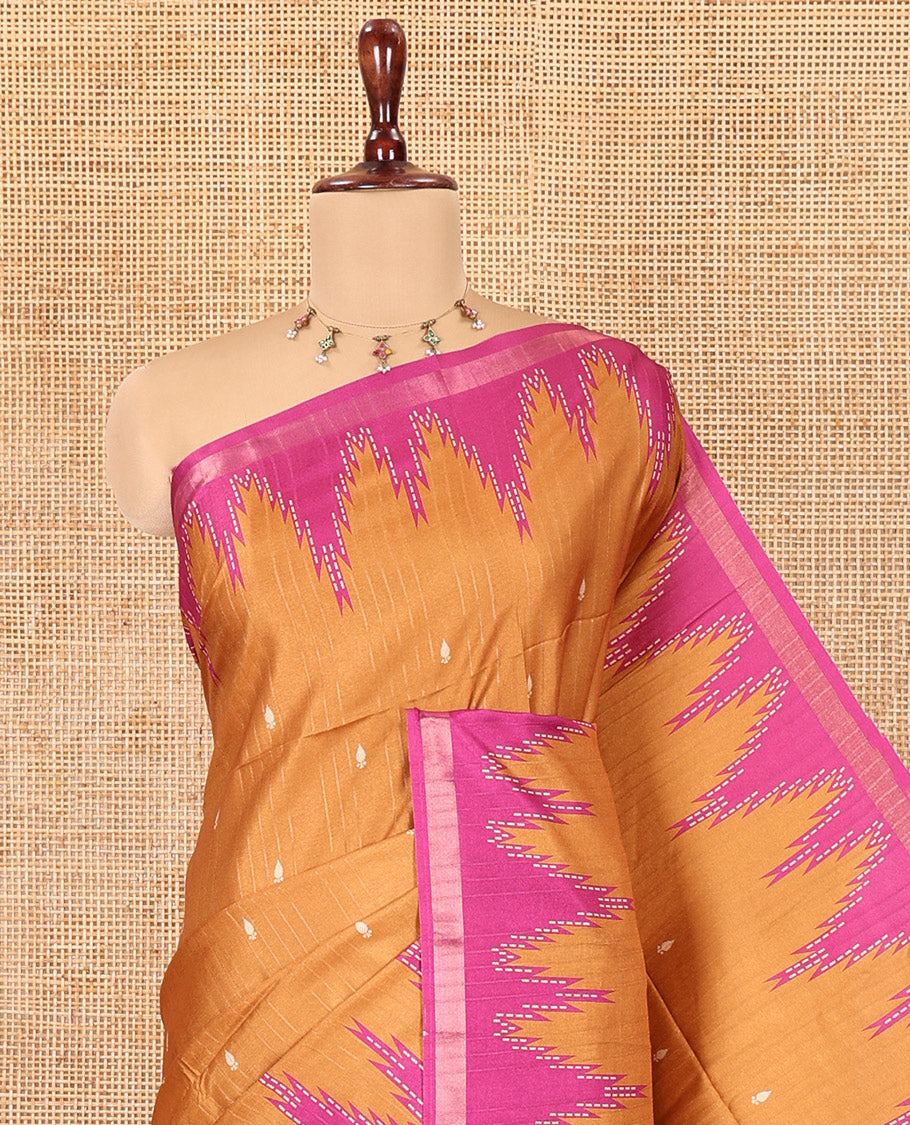 Mustard Kathan Silk Saree Adorned with Buttas, Contrast Temple Border, Temple pallu, and Striped Blouse