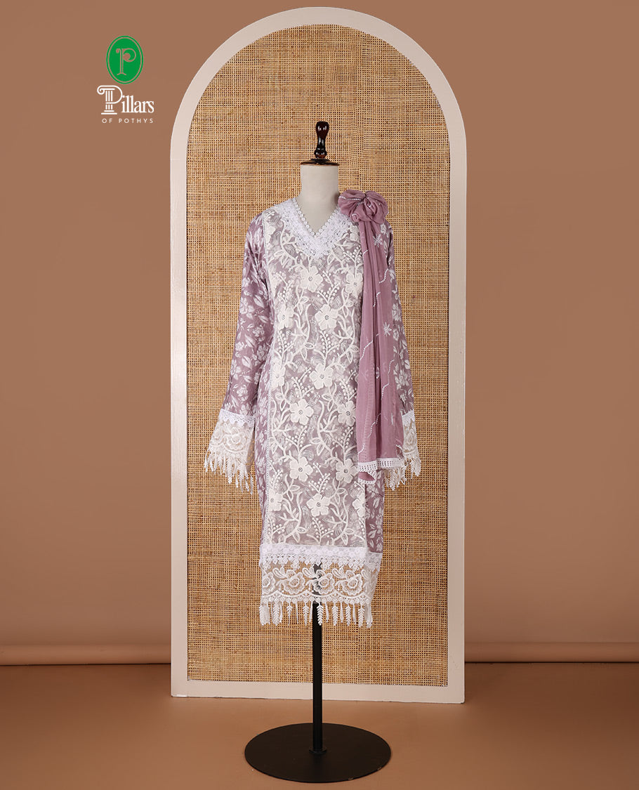 Pink chudidar material set, floral embroidery with daman crochet lace work jam cotton top, white thread argyle design embroidery with lace work nazlin dupatta, unique motifs printed bottom
