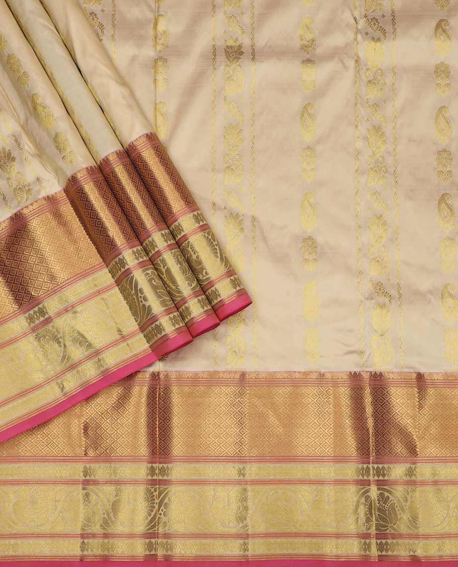 Cream pure silk half saree, zari design skirt, contrast border, and blouse of mayil kann, kodi visiry and mayil design, and intricate dhavani