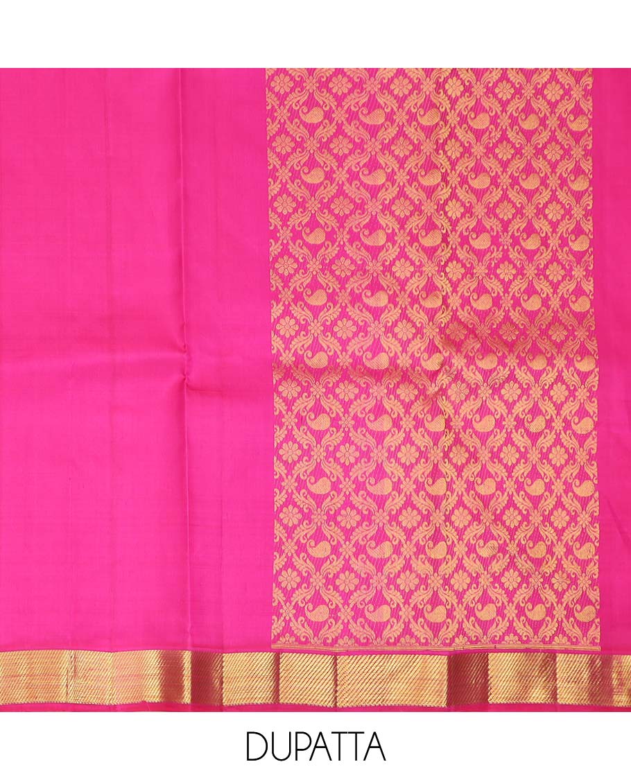Cream pure silk half saree, zari design skirt, contrast border, and blouse of mayil kann, kodi visiry and mayil design, and intricate dhavani