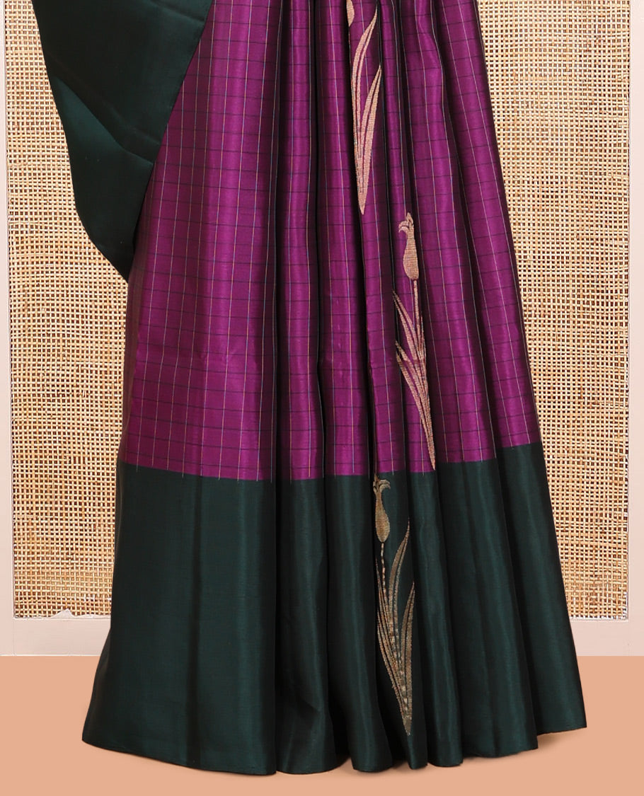 Purple Mayuri Lite Silk Mix Saree, Woven with Buttas and Checks, Contrast Zari Butta Border, Grand Jaal Pallu, and a Contrast Blouse