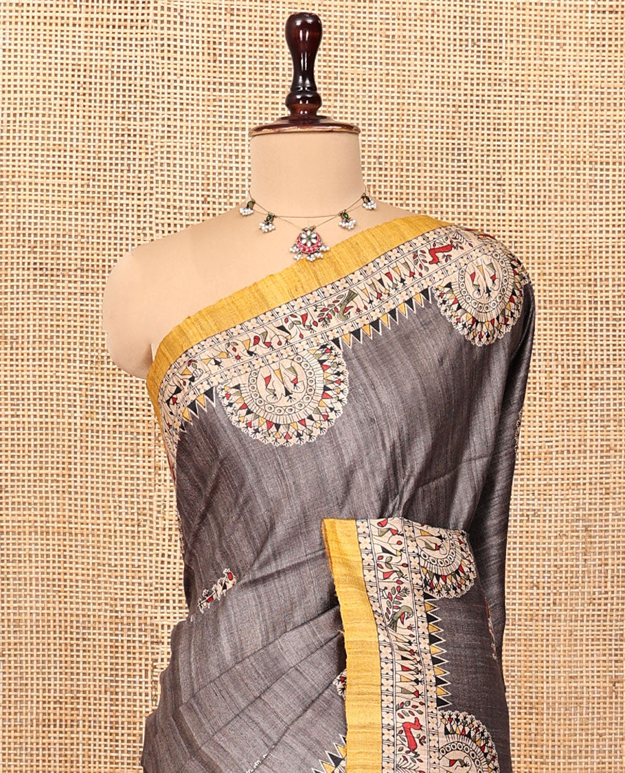 Grey Tussar Silk Saree, Accentuated with Warli Motifs, Contrast Warli Printed Pallu, Warli Pallu, and Contrast Blouse