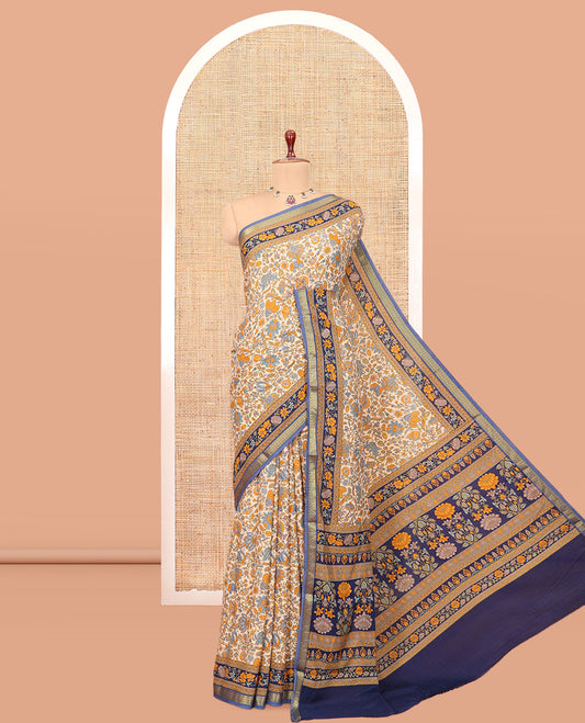 Sandal Printed Silk Saree, Adorned with Floral Vine Print, a Contrast Floral Printed Border, Floral Print Pallu, and a Matching Blouse