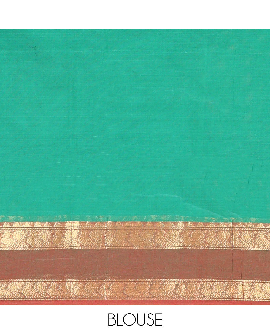Green  Plain Chettinad Cotton Saree, Complemented by a Contrast Rettai Pettu Peacock Zari Border, Striped Pallu, and a Matching Blouse