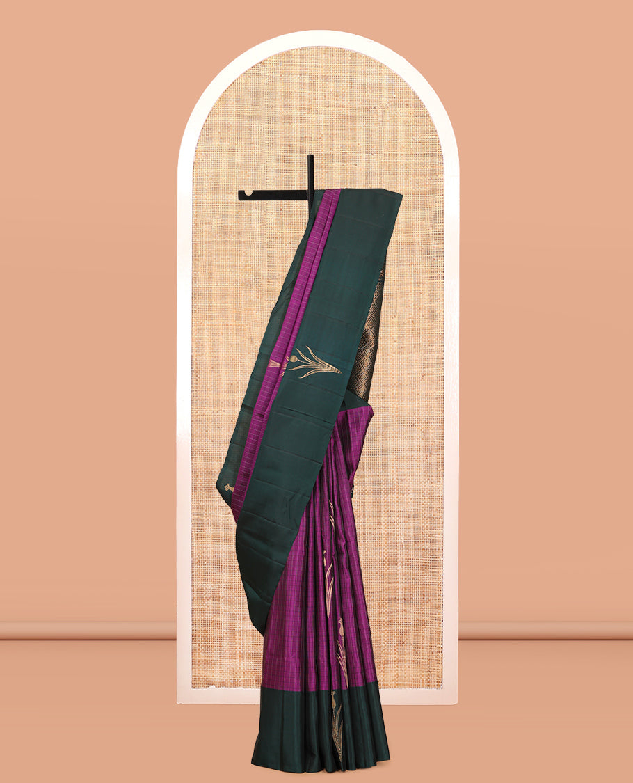Purple Mayuri Lite Silk Mix Saree, Woven with Buttas and Checks, Contrast Zari Butta Border, Grand Jaal Pallu, and a Contrast Blouse