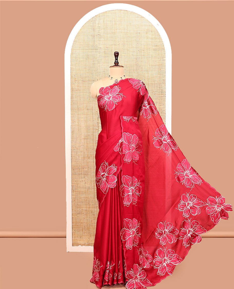 Red Satin Organza Saree, Steeped in the Prettiness of Floral Embroidery, Floral Embroidered Scallop Border, and a Matching Blouse