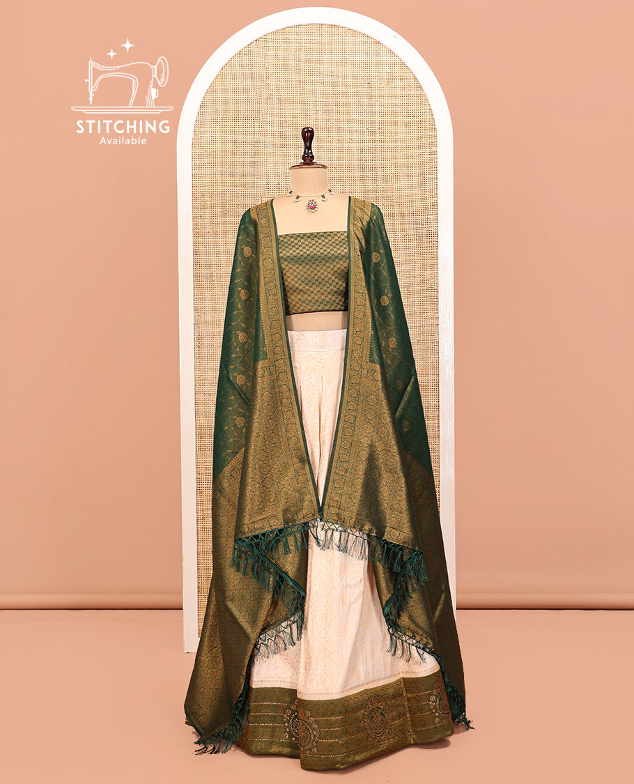 Cream Art Silk Half Saree, Subtly Woven with Jacquard Skirt, Contrast Traditional Stone-Work Border, a Jacquard Blouse, and Banaras Jacquard Dhavani