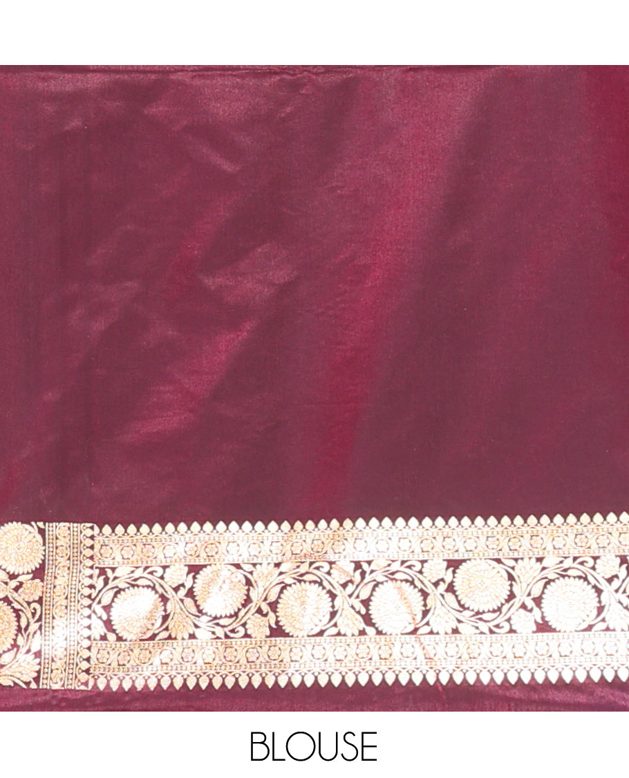 Wine Banarasi Nylon Saree, Mesmerized with Jaal Jacquard, Floral Creeper Zari Border, Intricate Pallu, and a Matching Blouse