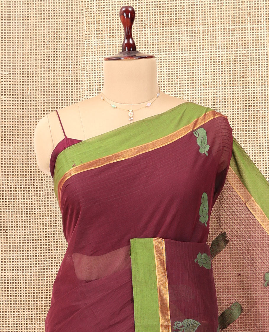 Brown Kanchi Cotton Saree, Woven with Thread Buttas, a Contrast Border, Intricate Pallu, and a Matching Blouse