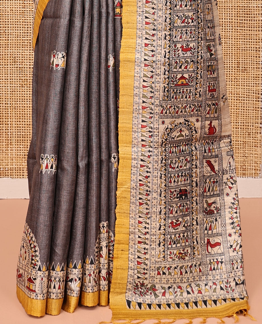 Grey Tussar Silk Saree, Accentuated with Warli Motifs, Contrast Warli Printed Pallu, Warli Pallu, and Contrast Blouse