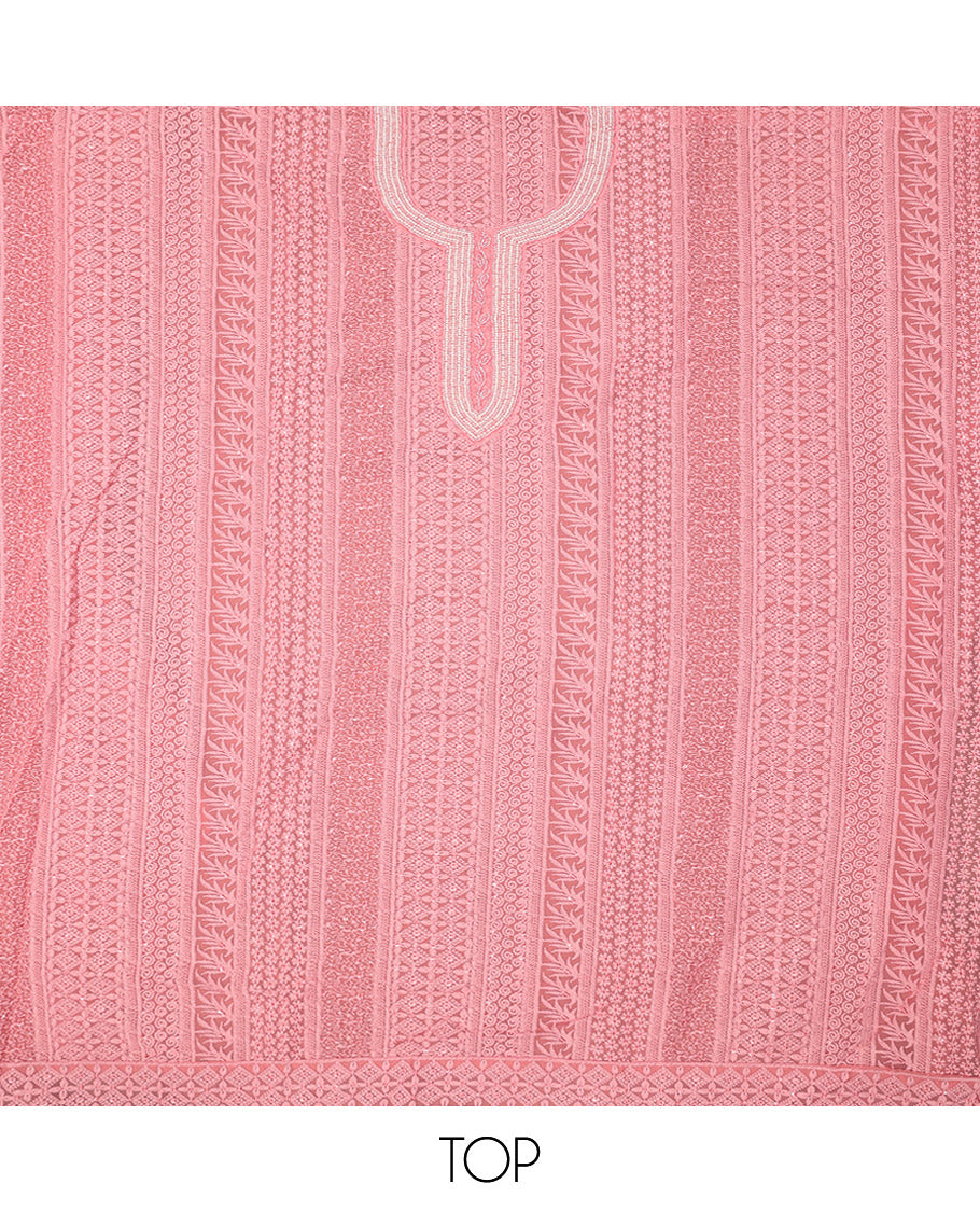 Pink Material Chudidar Set, Accentuated with Chikankari-Style Embroidery and Neck Work on Georgette Top, a Plain Santoon Bottom, and Paired with a Floral Vine Embroidery Georgette Dupatta