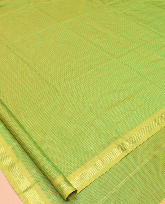 Green Checked Art-Silk Nine Yard Saree, a Traditional Zari Border, a Self-Pallu, and No Blouse
