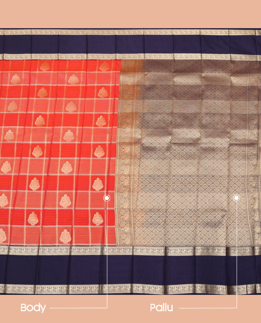 Orange Budget Silk Saree, Enriched with Zari Butta Enclosed Checks On Its Body, Complemented by Contrast Traditional Zari Designs Woven Rettai Pettu Border, Grand Jaal Pallu, and Paired with a Contrast Blouse