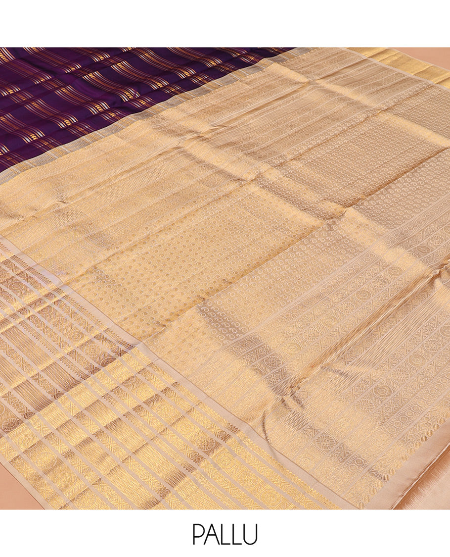 Purple Kanchipuram Designer Silk Saree, Boldly Accentuated with Manga Designs, Contrast Border of Chakram, Rekku, Kathir, and Jada Nagam Designs, Paisley Pallu, and a Contrast Blouse