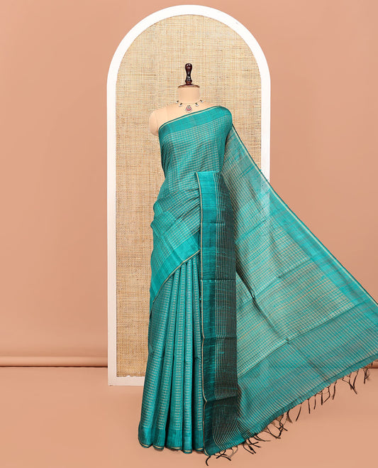 Green Tussar Silk Saree, Adorned with Butta Enclosed Checks, a Subtle Border, a Self-Pallu, and a Matching Blouse
