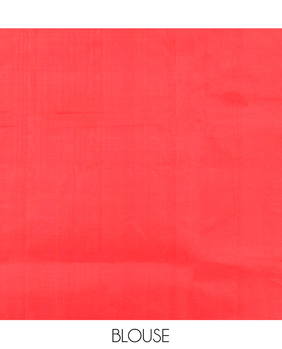 Borderless Red Mayuri Soft Silk Saree, Woven with Floral Buttas All Over the Body, Highlighted by Piping Border, Pallu Steeped with Floral Creeper Designs, and Paired with a Matching Blouse