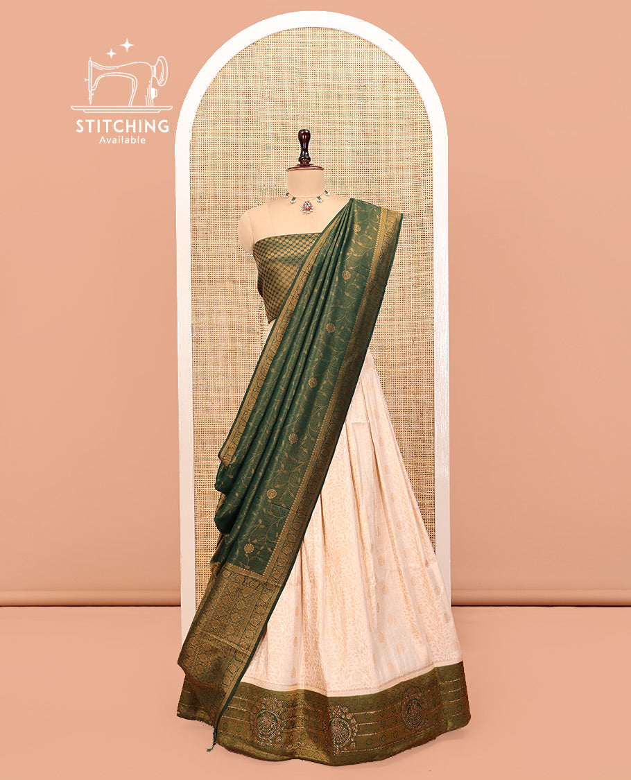 Cream Art Silk Half Saree, Subtly Woven with Jacquard Skirt, Contrast Traditional Stone-Work Border, a Jacquard Blouse, and Banaras Jacquard Dhavani