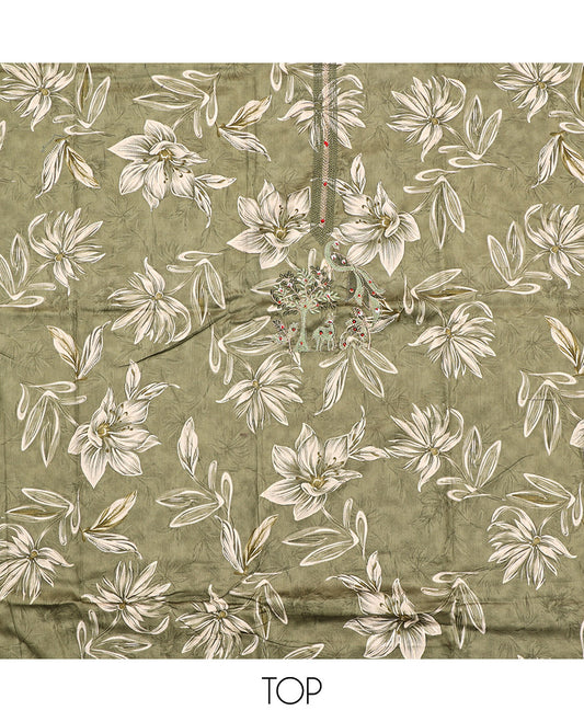 Green Material Chudidar Set, Beautified with Floral Print, and Embroidery on Its Muslin Top, a Plain Cotton Bottom, and Paired with a Peacock Printed Lilan Cotton Dupatta