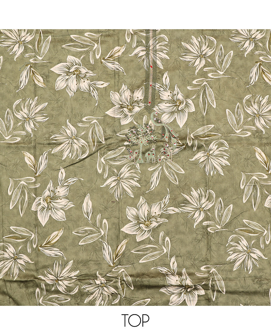 Green Material Chudidar Set, Beautified with Floral Print, and Embroidery on Its Muslin Top, a Plain Cotton Bottom, and Paired with a Peacock Printed Lilan Cotton Dupatta