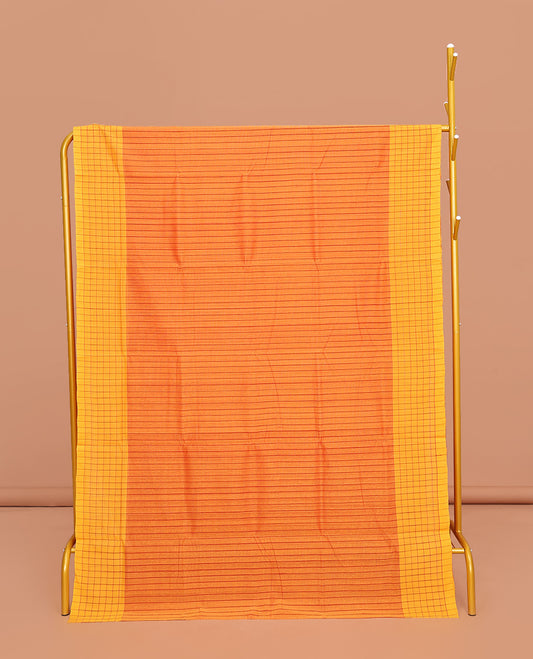 Orange Striped Mangalgiri Cotton Saree, Complemented by Contrast Checked Border, Contrast Pallu and Paired with a Contrast Blouse
