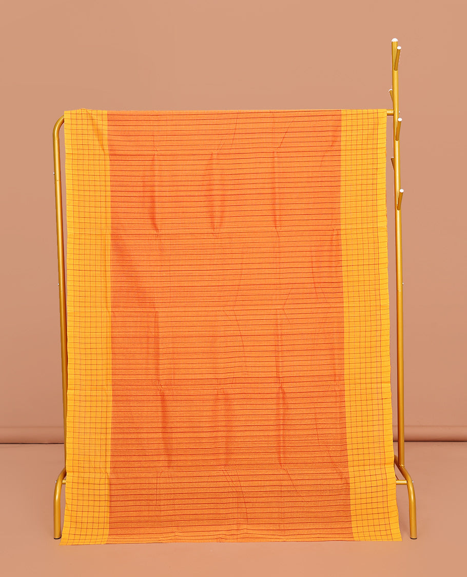 Orange Striped Mangalgiri Cotton Saree, Complemented by Contrast Checked Border, Contrast Pallu and Paired with a Contrast Blouse
