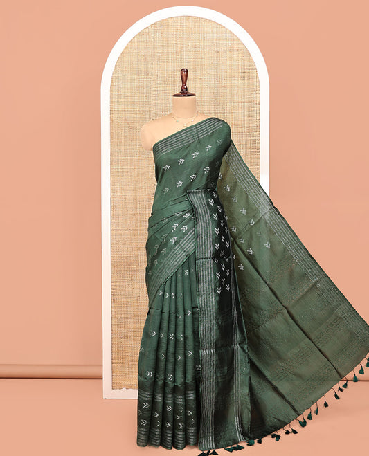 Green Banana Pith Saree, Subtly Sparkled with Buttas All Over Its Body, Highlighted by Self-Border, Pallu of Stripes, and Paired with a Matching Blouse