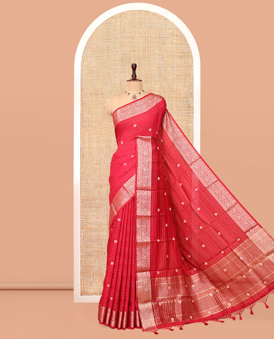Red Assam Silk Saree, Embellished with Zari Buttas and Stripes, Highlighted by a Floral Creeper Zari Border, Zari-Striped Pallu, and a Matching Blouse