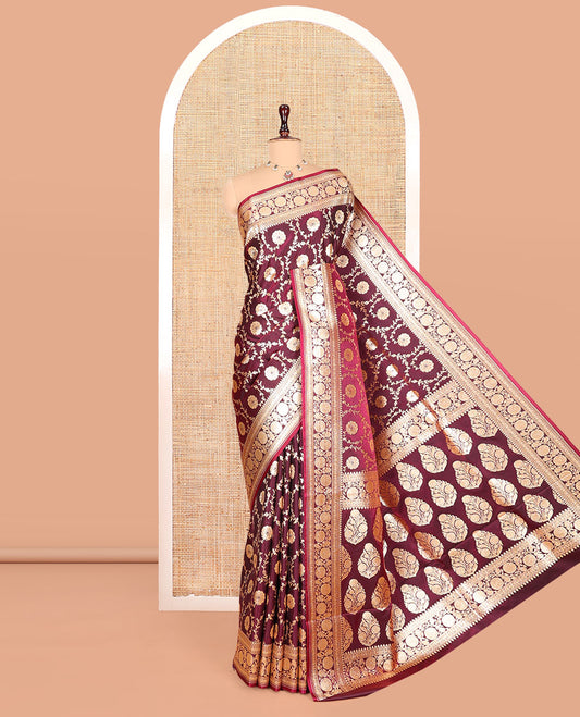 Wine Banarasi Nylon Saree, Mesmerized with Jaal Jacquard, Floral Creeper Zari Border, Intricate Pallu, and a Matching Blouse