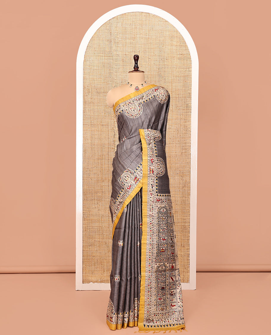 Grey Tussar Silk Saree, Accentuated with Warli Motifs, Contrast Warli Printed Pallu, Warli Pallu, and Contrast Blouse