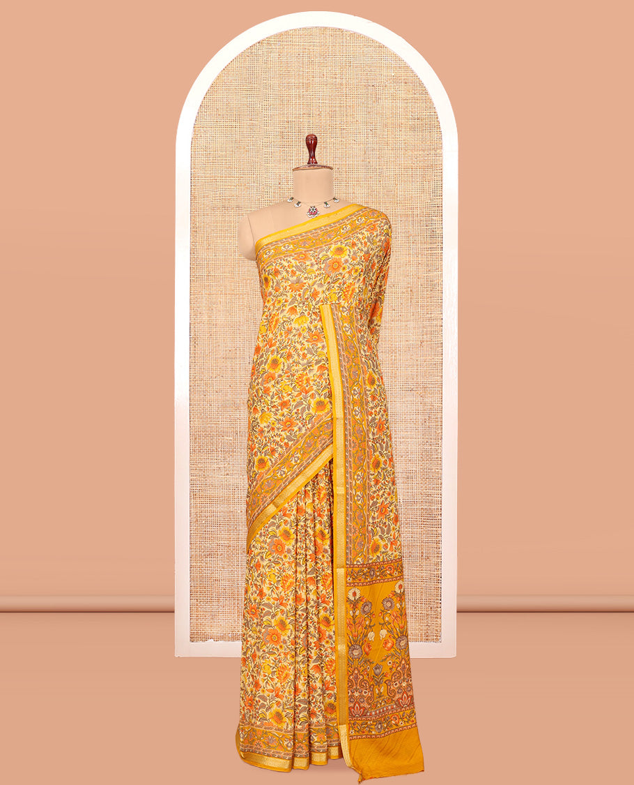 Yellow Printed Silk Saree, Ornamented with Floral Vine Print, a Traditional Zari Border, Floral Pallu, and a Matching Blouse