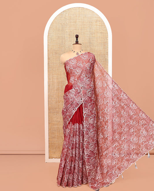 Rust Organza Saree, Mesmerized with Floral Thread Embroidery, Scallop-Embroidered Border, and a Matching Embroidered Blouse