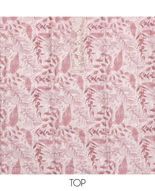 Pink Material Chudidar Set, Adorned with Abstract-Style Leaf Printed and Embroidery on Top, a Contrast Plain Bottom, and Paired with Sequins Striped Dupatta