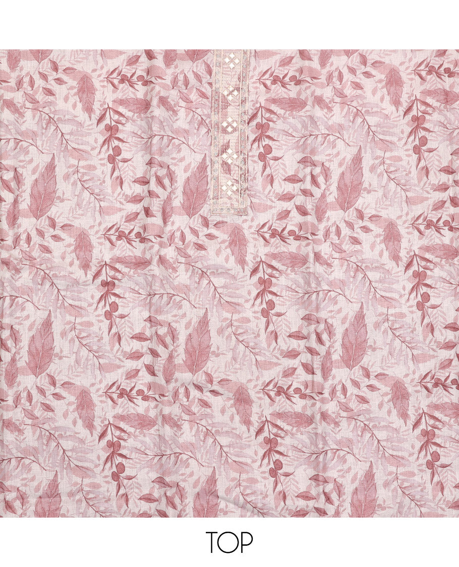 Pink Material Chudidar Set, Adorned with Abstract-Style Leaf Printed and Embroidery on Top, a Contrast Plain Bottom, and Paired with Sequins Striped Dupatta