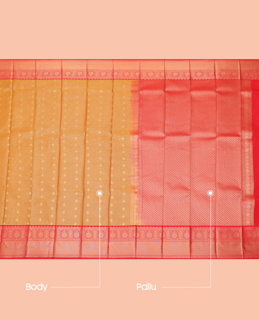 Orange Budget Silk Saree, Enriched with Zari Buttas and Checks, a Contrast Traditional Zari Border, Jaal Pallu, and a Contrast Blouse