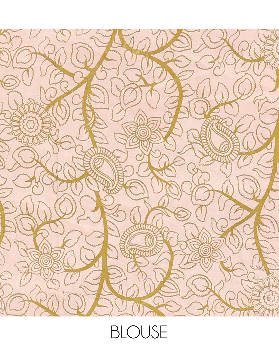 Brown Kalamkari Cotton Saree, Adorned with Floral and Animal-Themed Print, Contrast Printed Border, Kalamkari Animal Motifs Pallu, and a Contrast Blouse