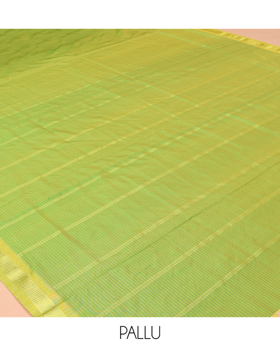 Green Checked Art-Silk Nine Yard Saree, a Traditional Zari Border, a Self-Pallu, and No Blouse