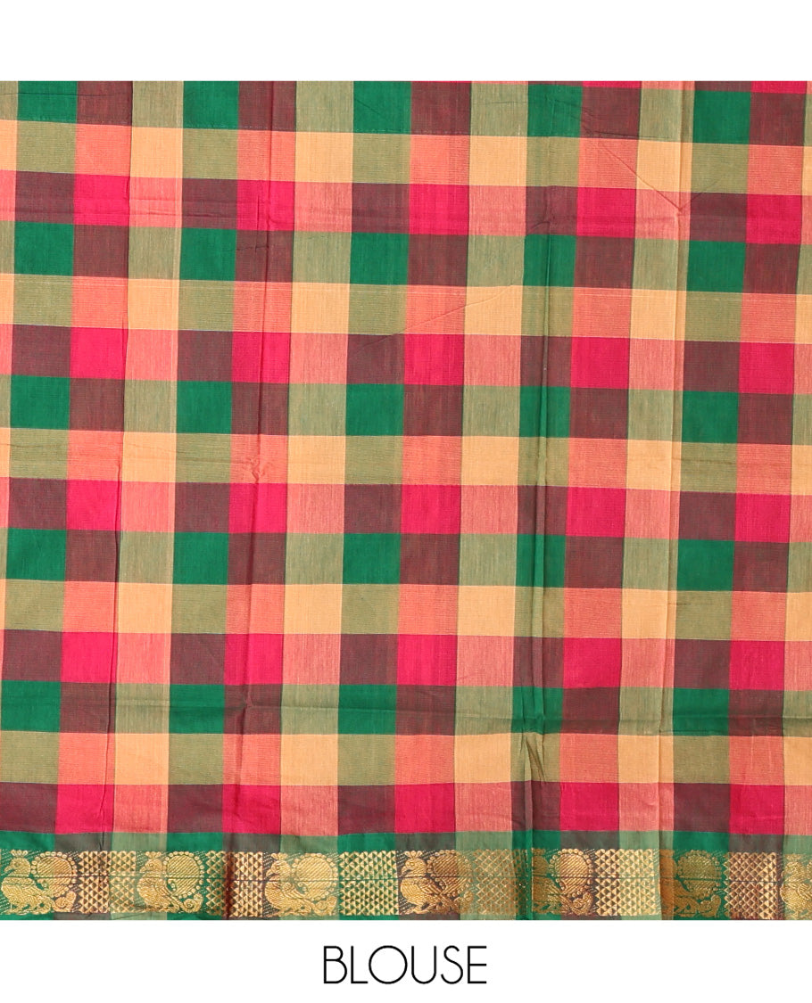 Multi-Color Chettinad Cotton Saree Features Checks, Highlighted by a Peacock Zari Border, Striped Pallu, and a Matching Blouse