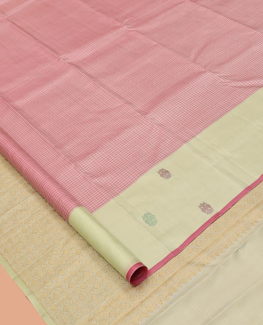 Pink Kanchipuram Silk Saree, Subtly Sparkled with Checks, Complemented by a Contrast Iruthalai Pakshi Border, Intricate Pallu, and Contrast Blouse
