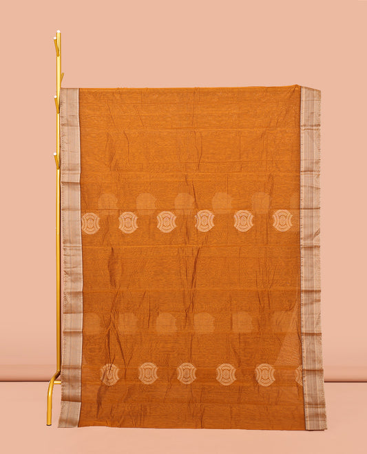 Orange Semi-Silk Cotton Saree, Elevated with Buttas on Its Body, Complemented by a Contrast Traditional Border, Pallu of Geometric Designs, and Paired with a Matching Blouse