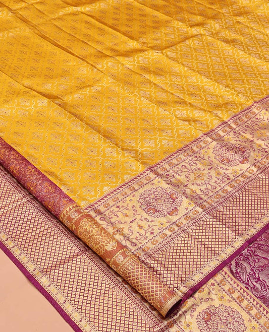 Yellow Kanchipuram Tissue Silk Saree, Impeccably Styled with Jacquard, Complemented by a Contrast Meenakari Border, Jaal Pallu, and a Contrast Blouse