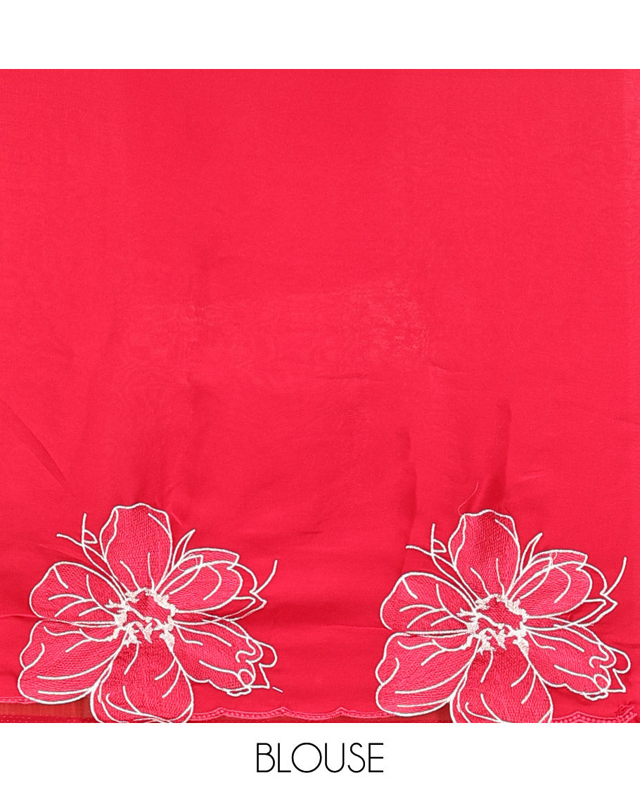 Red Satin Organza Saree, Steeped in the Prettiness of Floral Embroidery, Floral Embroidered Scallop Border, and a Matching Blouse